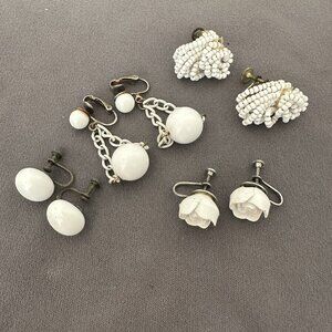 Vintage Lot Of Clip On Earrings And Screw back White Beaded Flowers